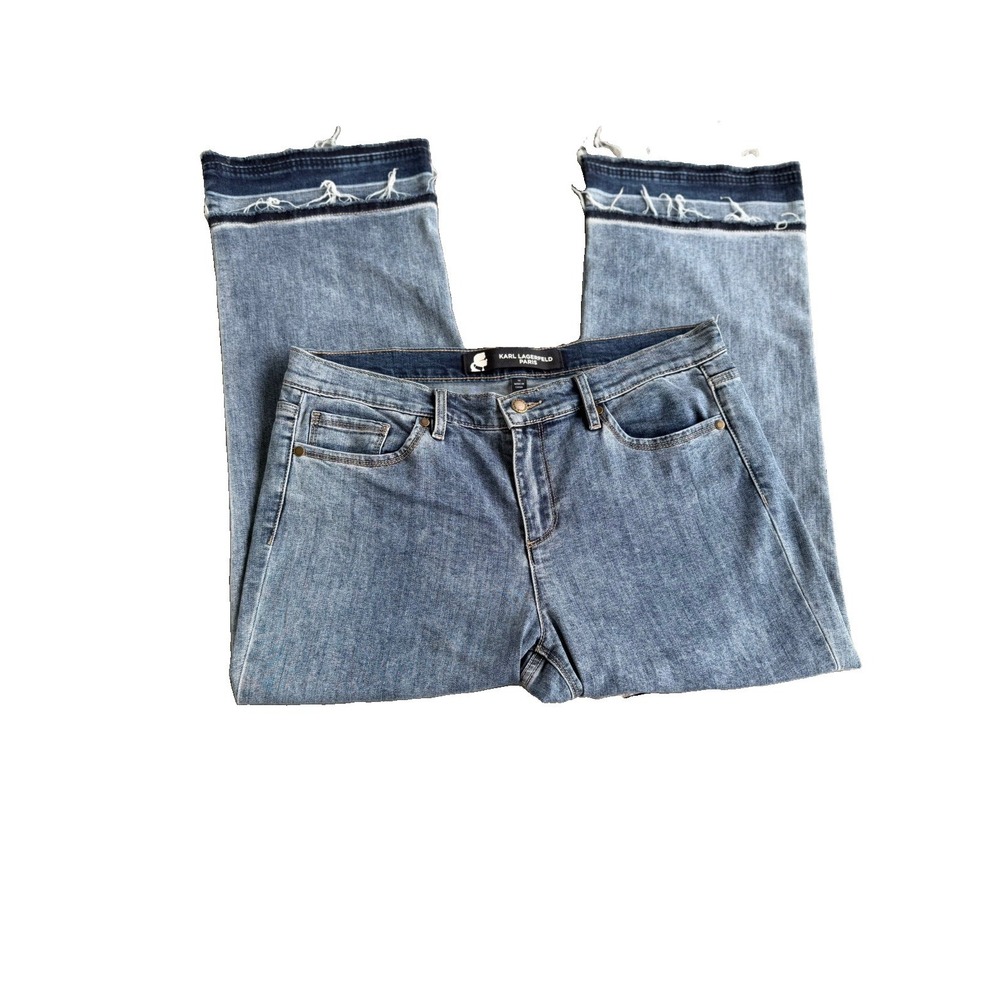 Karl Lagerfeld Jeans Mid-Wash Blue Raw Frayed Hem Denim size 12 Wide Leg Boho